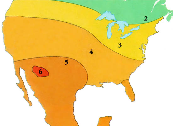 The map shows average hours of sunlight per day in Mexico, the U.S., and Canada, an essential fact when calculating the output of solar power systems. Keep in mind installations will also be affected by local weather patterns, which vary greatly even within a small geographical area.